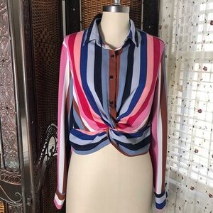Multicolor Stripe Knot-Front Button-Down Shirt - Women